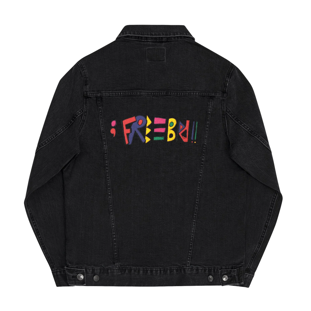 Black Denim trucker jacket, Freebrd retro logo embroidered, back view.