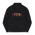 Black Denim trucker jacket, Freebrd retro logo embroidered, back view.