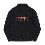 Black Denim trucker jacket, Freebrd retro logo embroidered, back view.