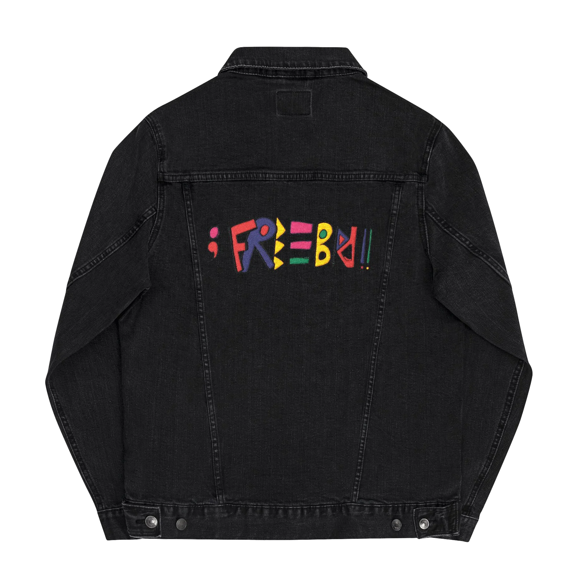 Black Denim trucker jacket, Freebrd retro logo embroidered, back view.
