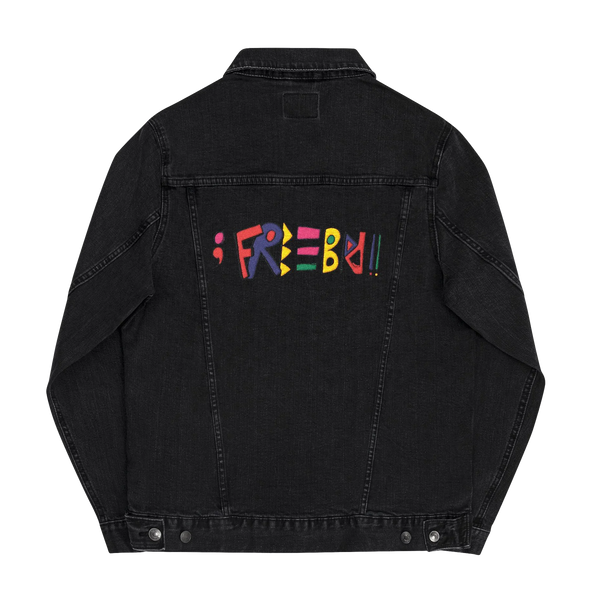 Black FREEBRD Embroidered Denim Jacket, multicolor retro FREEBRD logo embroidered on back center, clean black back panel, gunmetal hardware, back view.