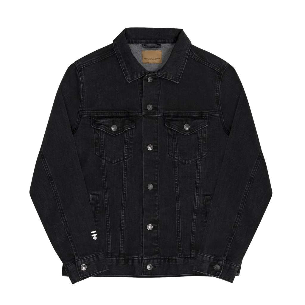 Black Denim trucker jacket, Freebrd retro logo embroidered, front view.