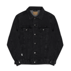 Black Denim trucker jacket, Freebrd retro logo embroidered, front view.