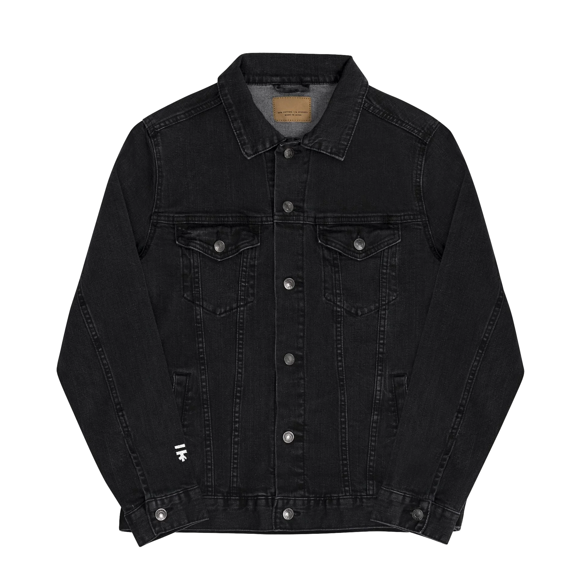 Black Denim trucker jacket, Freebrd retro logo embroidered, front view.