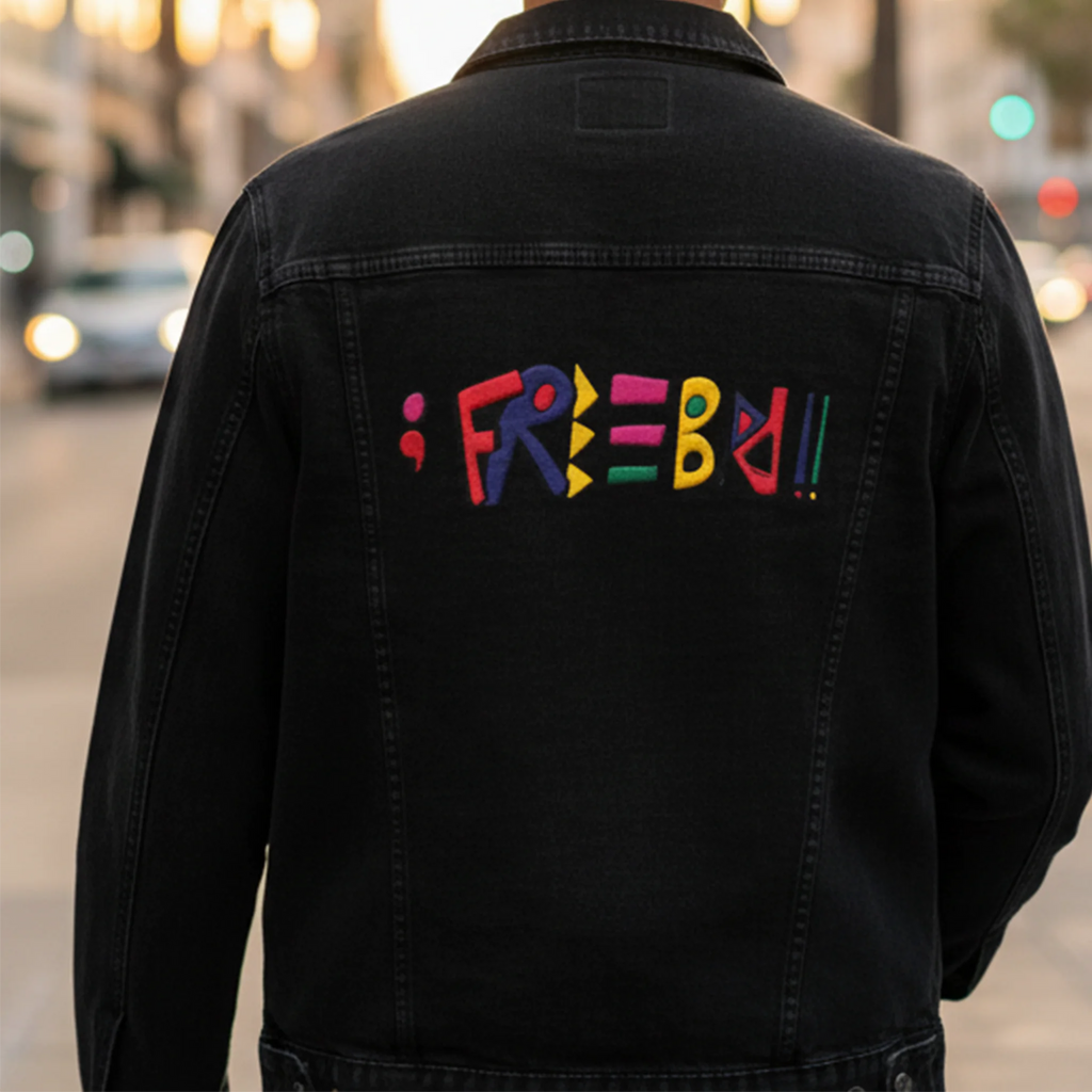 Black Denim trucker jacket, Freebrd retro logo embroidered, lifestyle view.