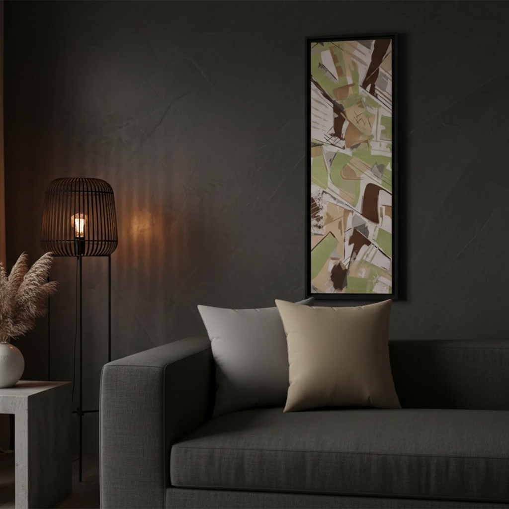 Black framed sage abstract canvas with stardust grey and natural jute faux suede pillows on charcoal sofa, moody luxury penthouse lifestyle bundle.