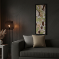 Black framed sage abstract canvas with stardust grey and natural jute faux suede pillows on charcoal sofa, moody luxury penthouse lifestyle bundle.