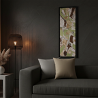 Black framed sage abstract canvas with stardust grey and natural jute faux suede pillows on charcoal sofa, moody luxury penthouse lifestyle bundle.