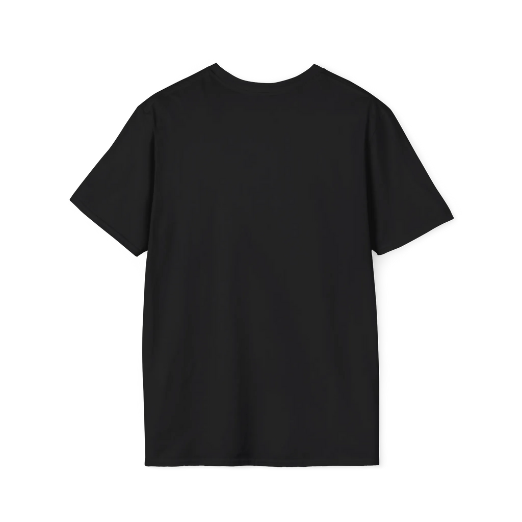 A back view of the black glitch panda coffee t-shirt with a purple FREEBRD logo on the inner neck label.