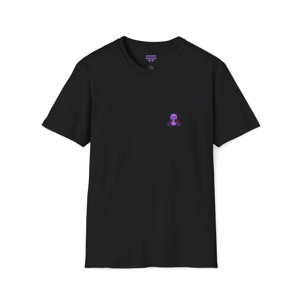 A front preview of the black t-shirt featuring a small glitch art pixel panda holding a coffee cup with a chromatic aberration effect in purple, blue, and red on the left chest.