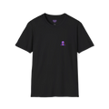 A front preview of the black t-shirt featuring a small glitch art pixel panda holding a coffee cup with a chromatic aberration effect in purple, blue, and red on the left chest.