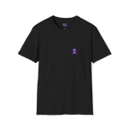 A front preview of the black t-shirt featuring a small glitch art pixel panda holding a coffee cup with a chromatic aberration effect in purple, blue, and red on the left chest.