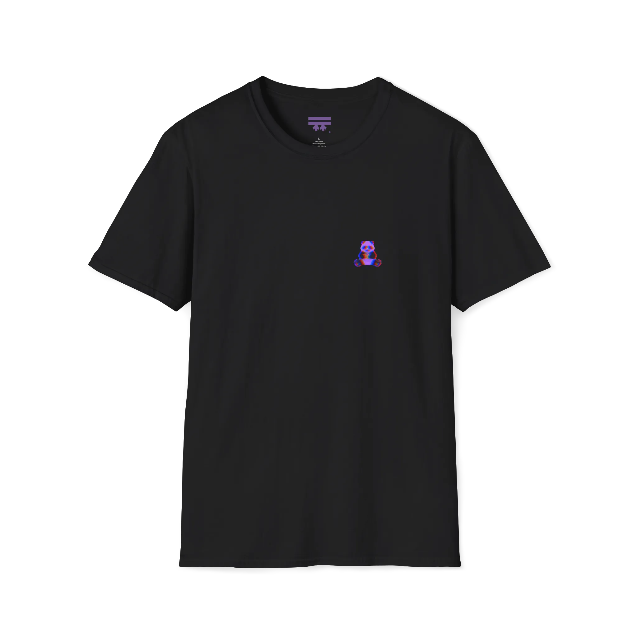 A front preview of the black t-shirt featuring a small glitch art pixel panda holding a coffee cup with a chromatic aberration effect in purple, blue, and red on the left chest.