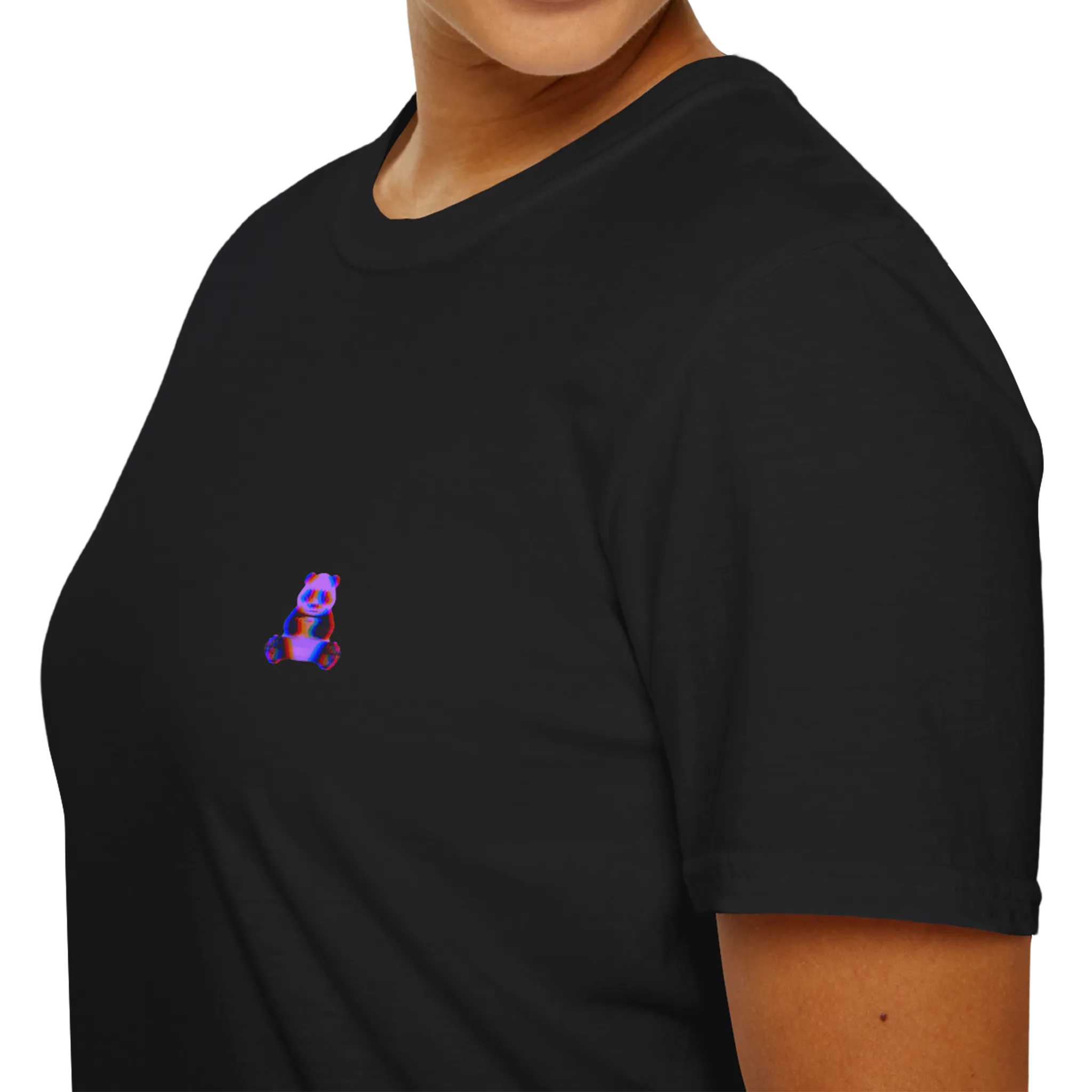 A front, up close view of the black glitch panda coffee  t-shirt featuring a small glitch art pixel panda holding a coffee cup with a chromatic aberration effect in purple, blue, and red on the left chest.