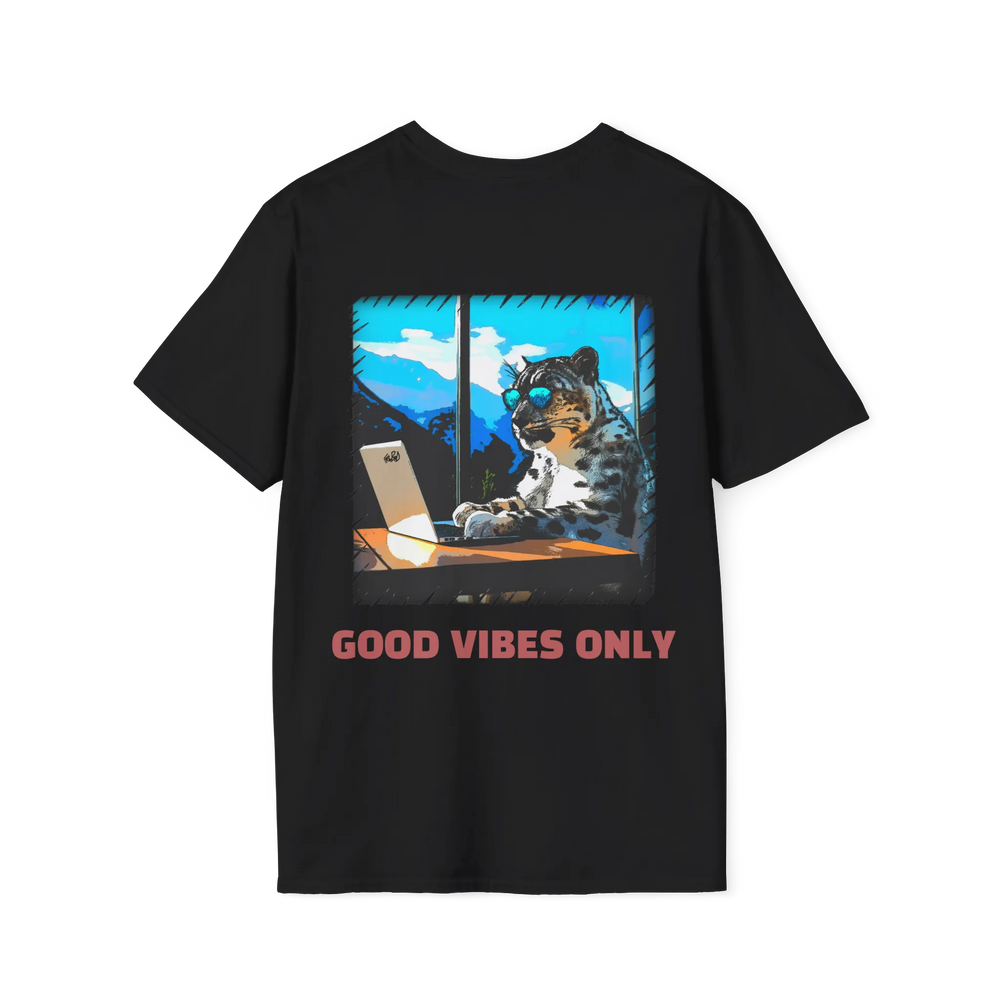 A black t-shirt featuring a snow leopard in sunglasses at a laptop graphic with red Good Vibes Only text on the back.
