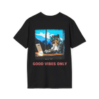 A black t-shirt featuring a snow leopard in sunglasses at a laptop graphic with red Good Vibes Only text on the back.