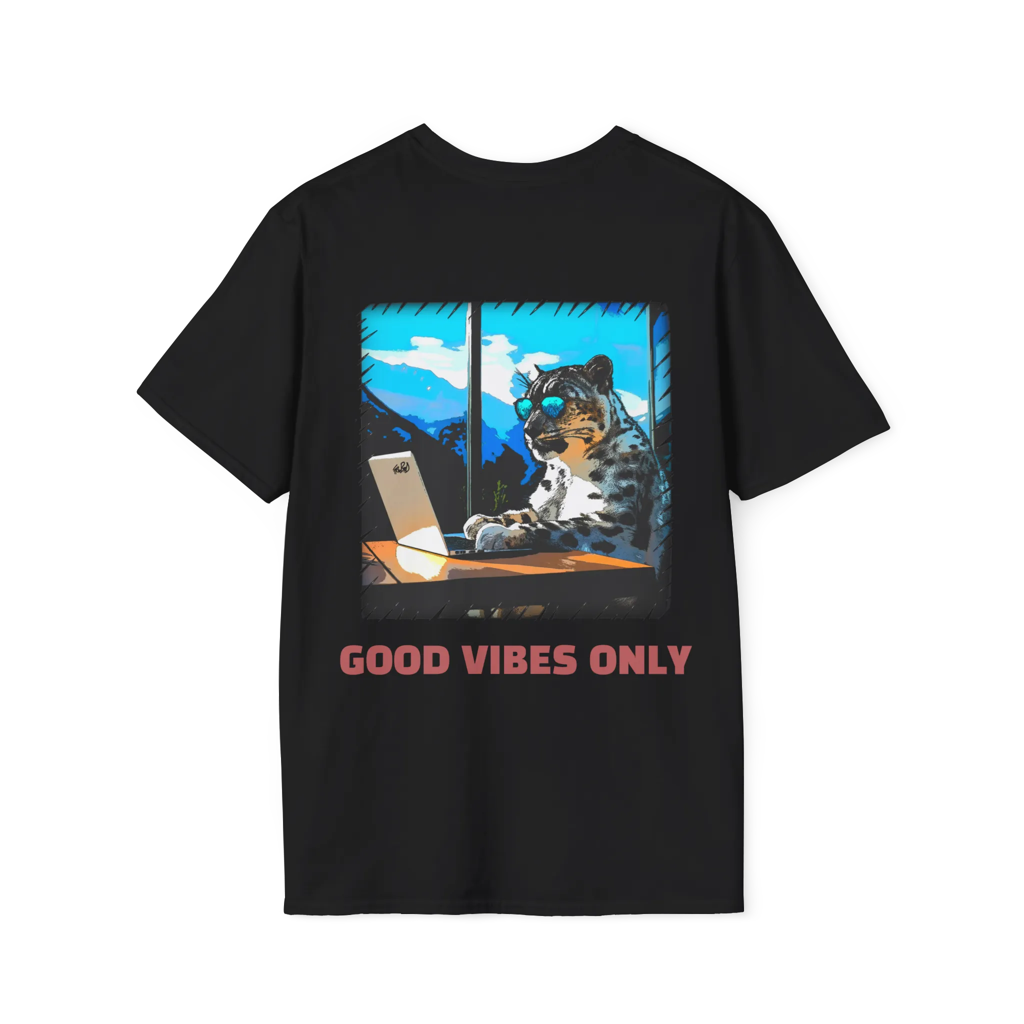 A black t-shirt featuring a snow leopard in sunglasses at a laptop graphic with red Good Vibes Only text on the back.
