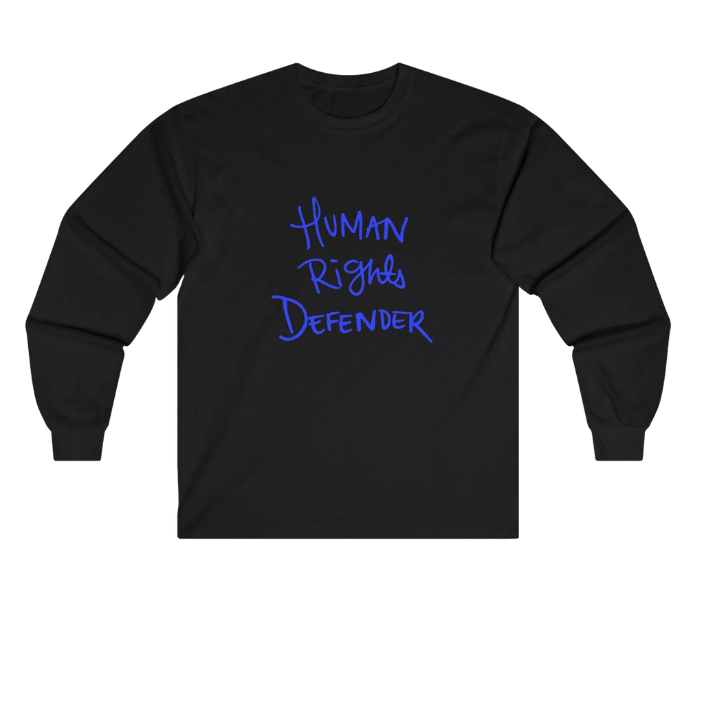 Black Human Rights Defender long sleeve tee, front view.