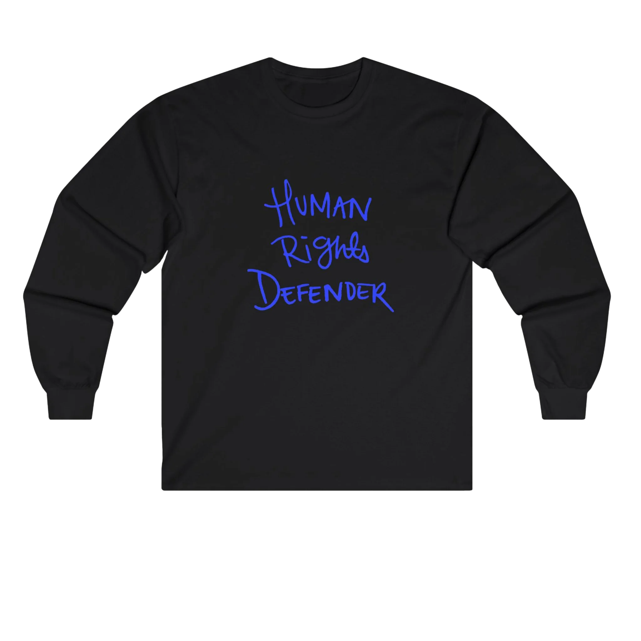 Black Human Rights Defender long sleeve tee, front view.