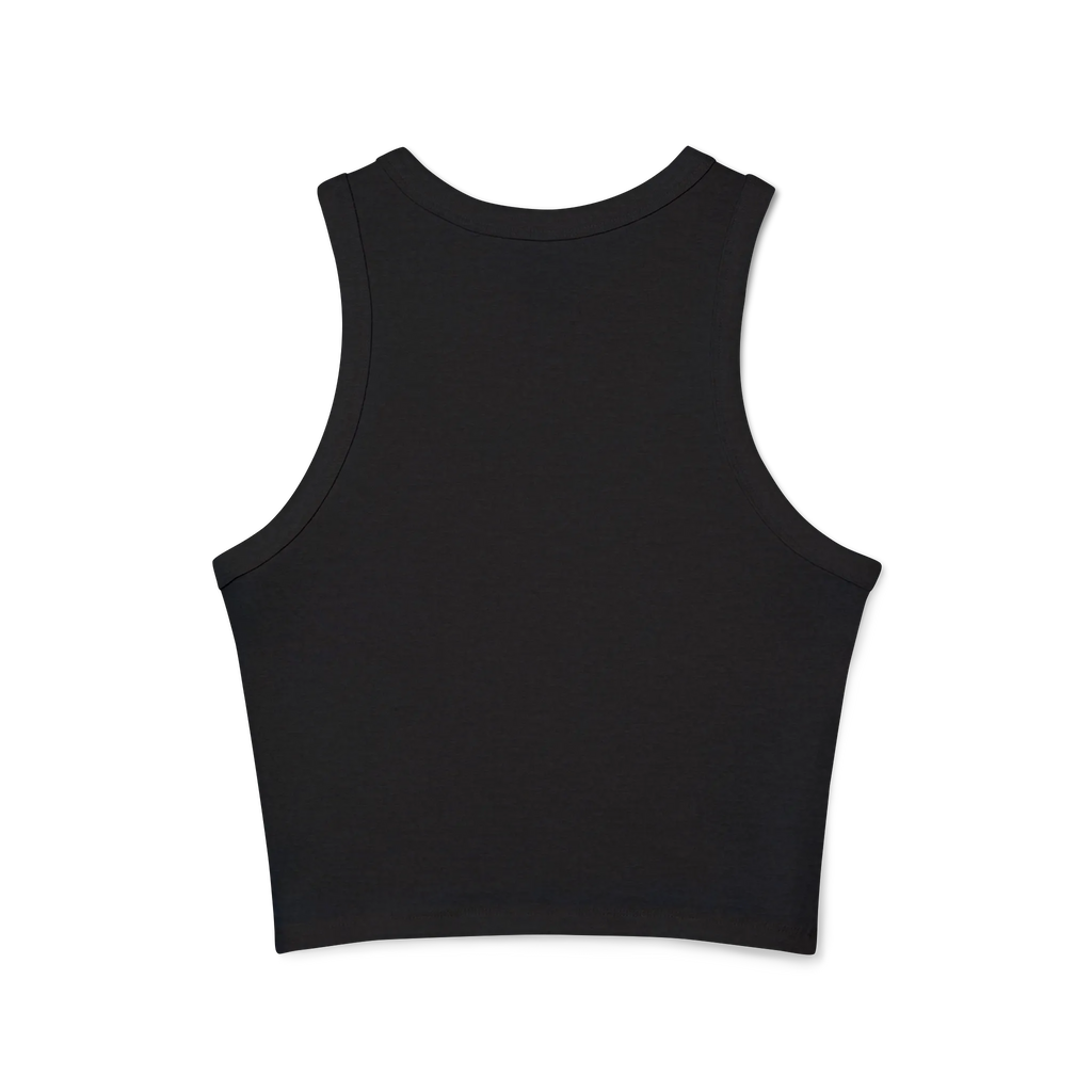 The back of a black cropped racerback tank top with a clean racerback cut.