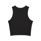 The back of a black cropped racerback tank top with a clean racerback cut.