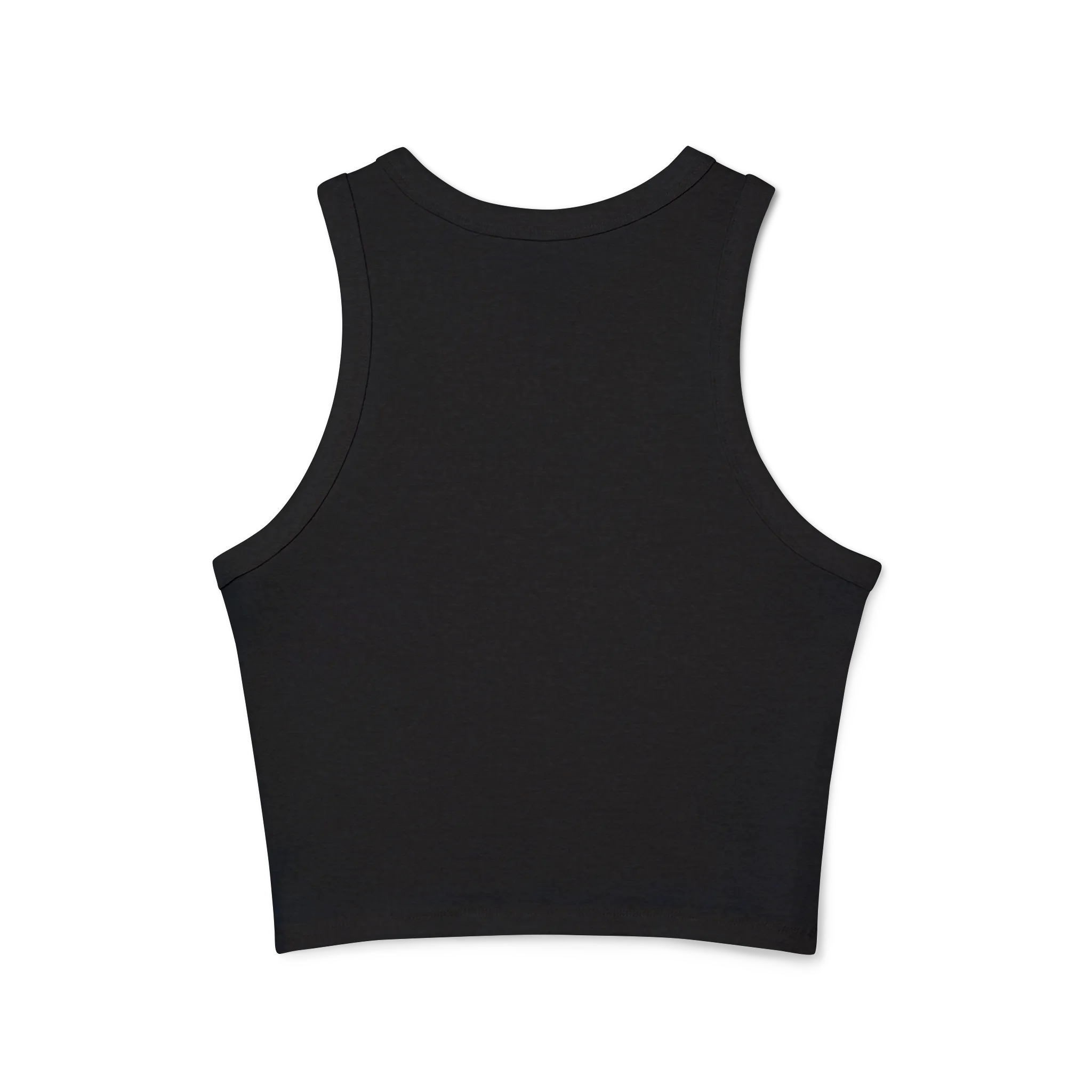 The back of a black cropped racerback tank top with a clean racerback cut.