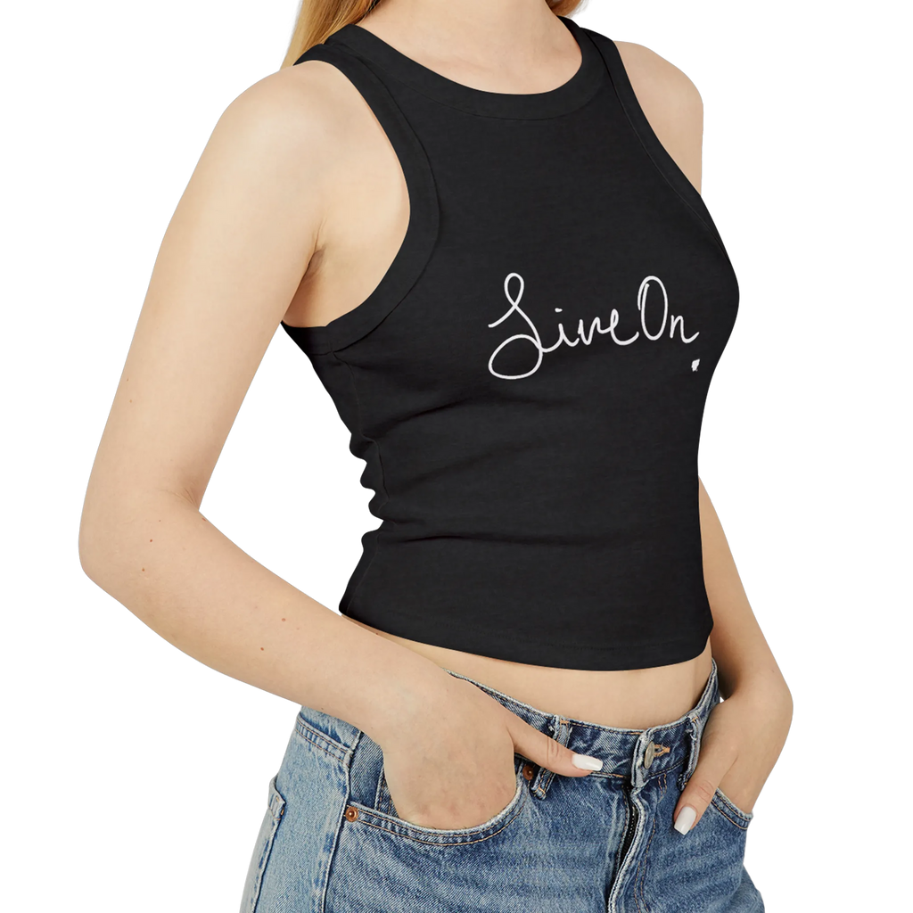 A model wearing a black cropped Live On racerback tank top paired with high-waisted denim.
