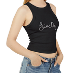 A model wearing a black cropped Live On racerback tank top paired with high-waisted denim.
