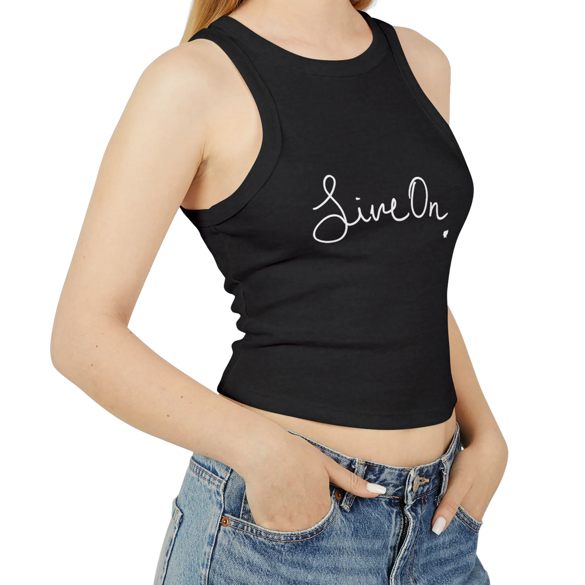 A model wearing a black cropped Live On racerback tank top paired with high-waisted denim.