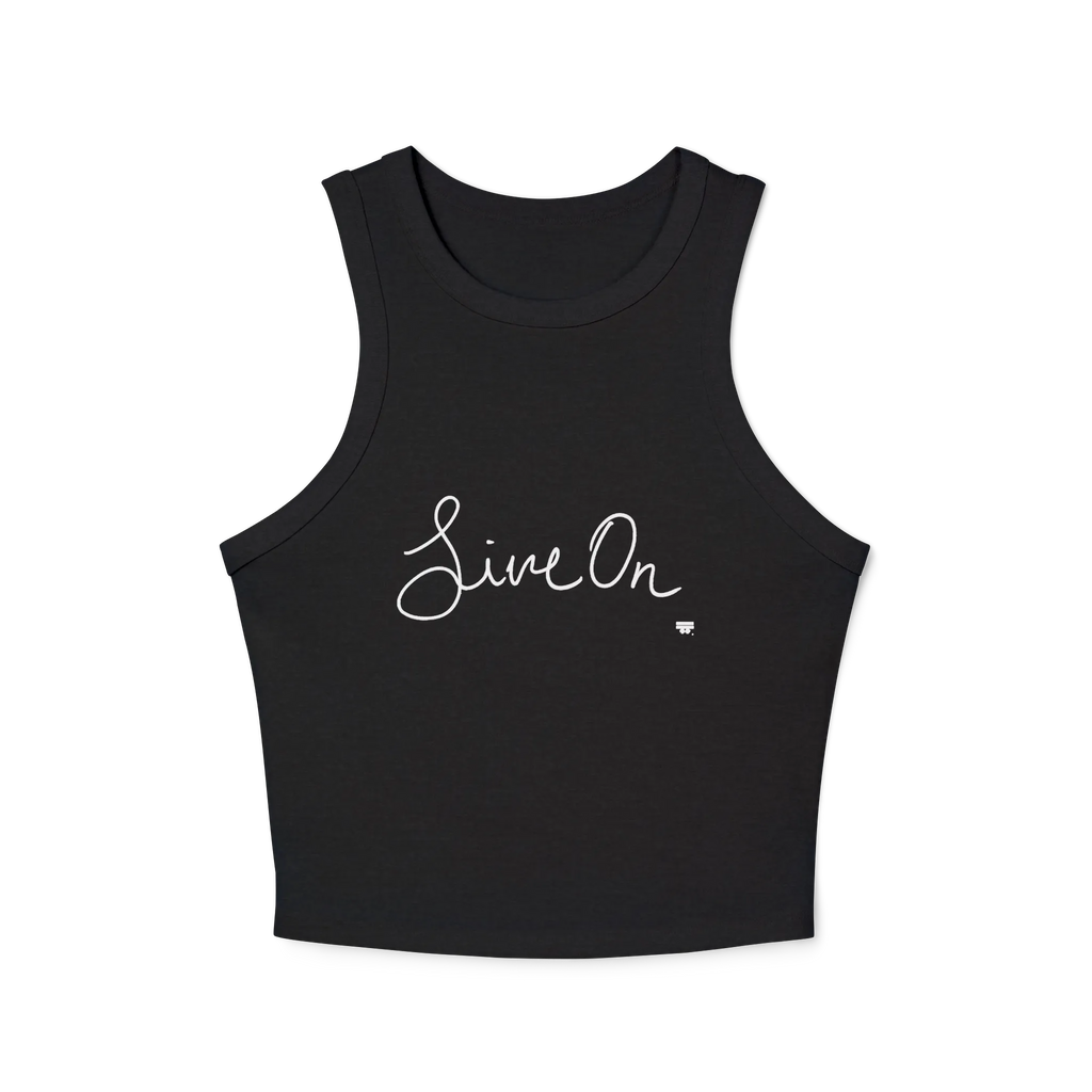 A black cropped racerback tank top with a white cursive Live On script graphic on the chest.