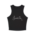 A black cropped racerback tank top with a white cursive Live On script graphic on the chest.