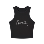 A black cropped racerback tank top with a white cursive Live On script graphic on the chest.