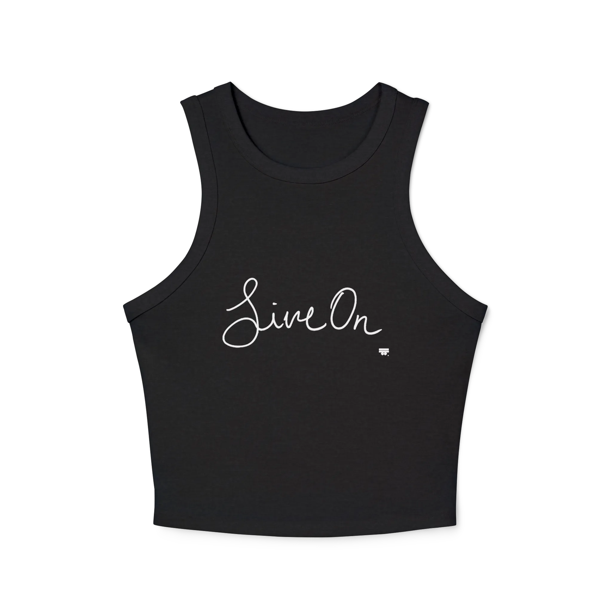 A black cropped racerback tank top with a white cursive Live On script graphic on the chest.