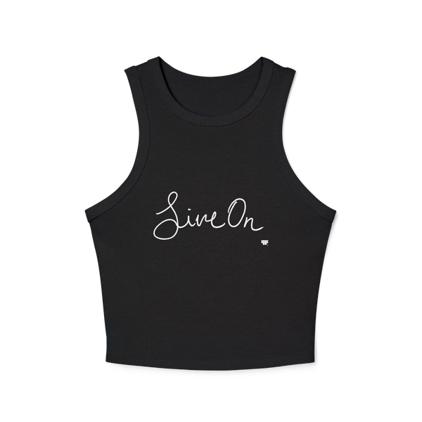 A black cropped racerback tank top with a white cursive Live On script graphic on the chest.