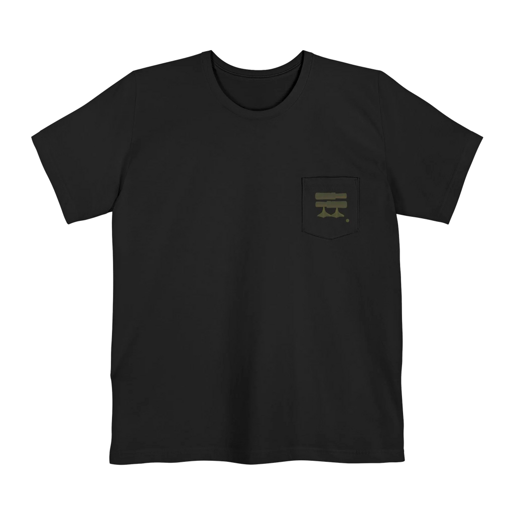 A black Old Skool Camo Duck Hunting Retriever Classic Pocket T-Shirt that shows a FREEBRD duck hunter logo decal with two duck calls, mallard duck feet and a shotgun shell casing on the left front pocket.
