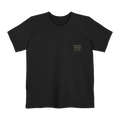 A black Old Skool Camo Duck Hunting Retriever Classic Pocket T-Shirt that shows a FREEBRD duck hunter logo decal with two duck calls, mallard duck feet and a shotgun shell casing on the left front pocket.