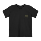 A black Old Skool Camo Duck Hunting Retriever Classic Pocket T-Shirt that shows a FREEBRD duck hunter logo decal with two duck calls, mallard duck feet and a shotgun shell casing on the left front pocket.
