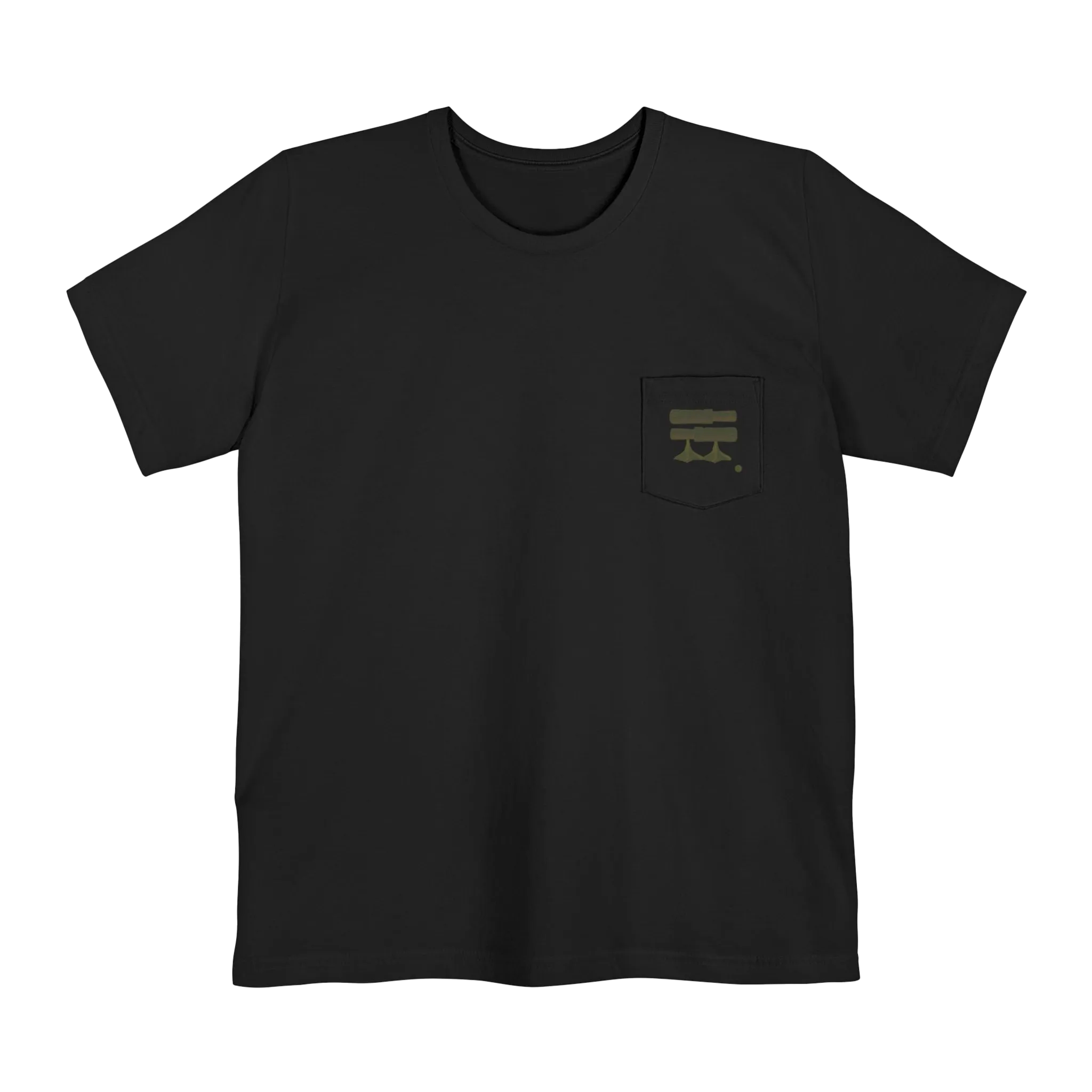 A black Old Skool Camo Duck Hunting Retriever Classic Pocket T-Shirt that shows a FREEBRD duck hunter logo decal with two duck calls, mallard duck feet and a shotgun shell casing on the left front pocket.