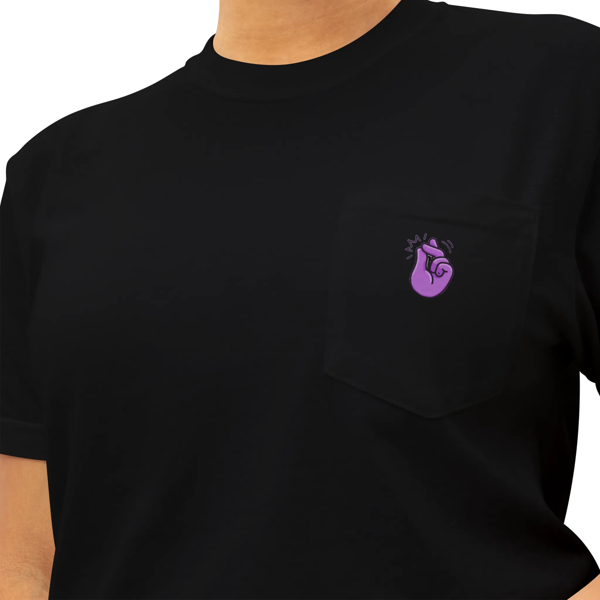A black pocket t-shirt with a purple 'Clock It' Motif on front left chest pocket shown close up.
