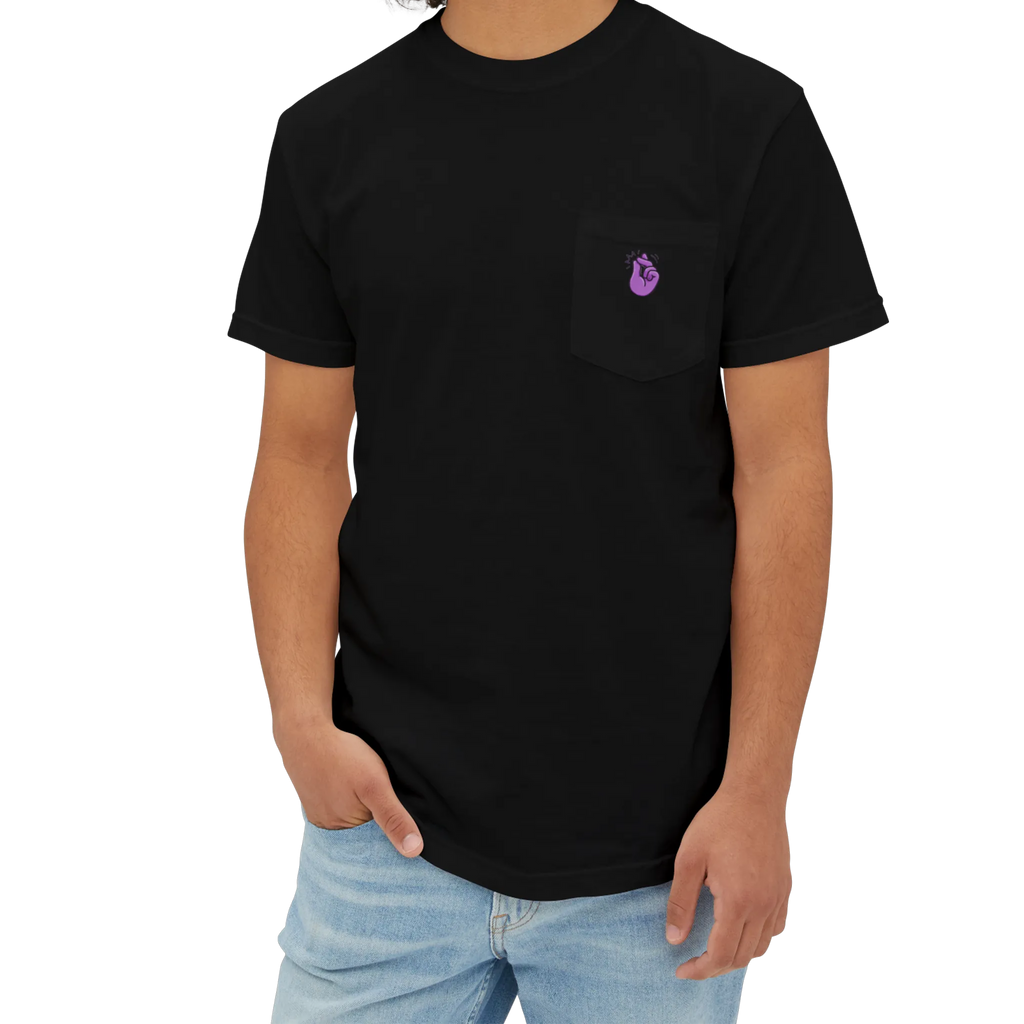 A person wearing a pocket t-shirt with a purple Clock It Motif on front left chest pocket.
