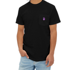 A person wearing a pocket t-shirt with a purple Clock It Motif on front left chest pocket.