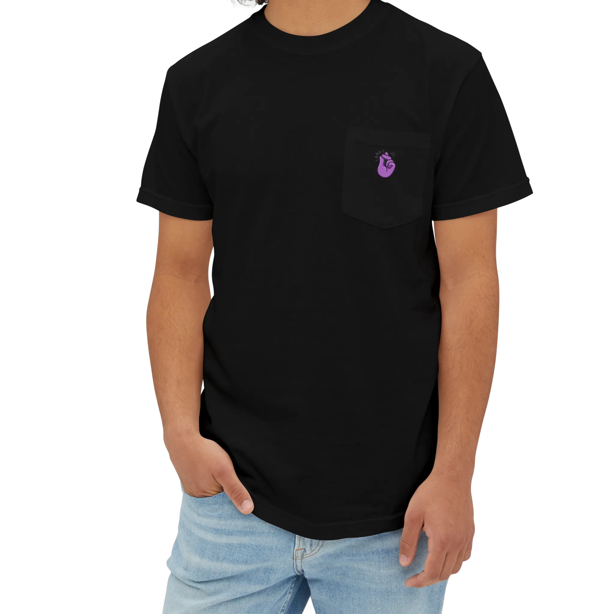 A person wearing a pocket t-shirt with a purple 'Clock It' Motif on front left chest pocket.