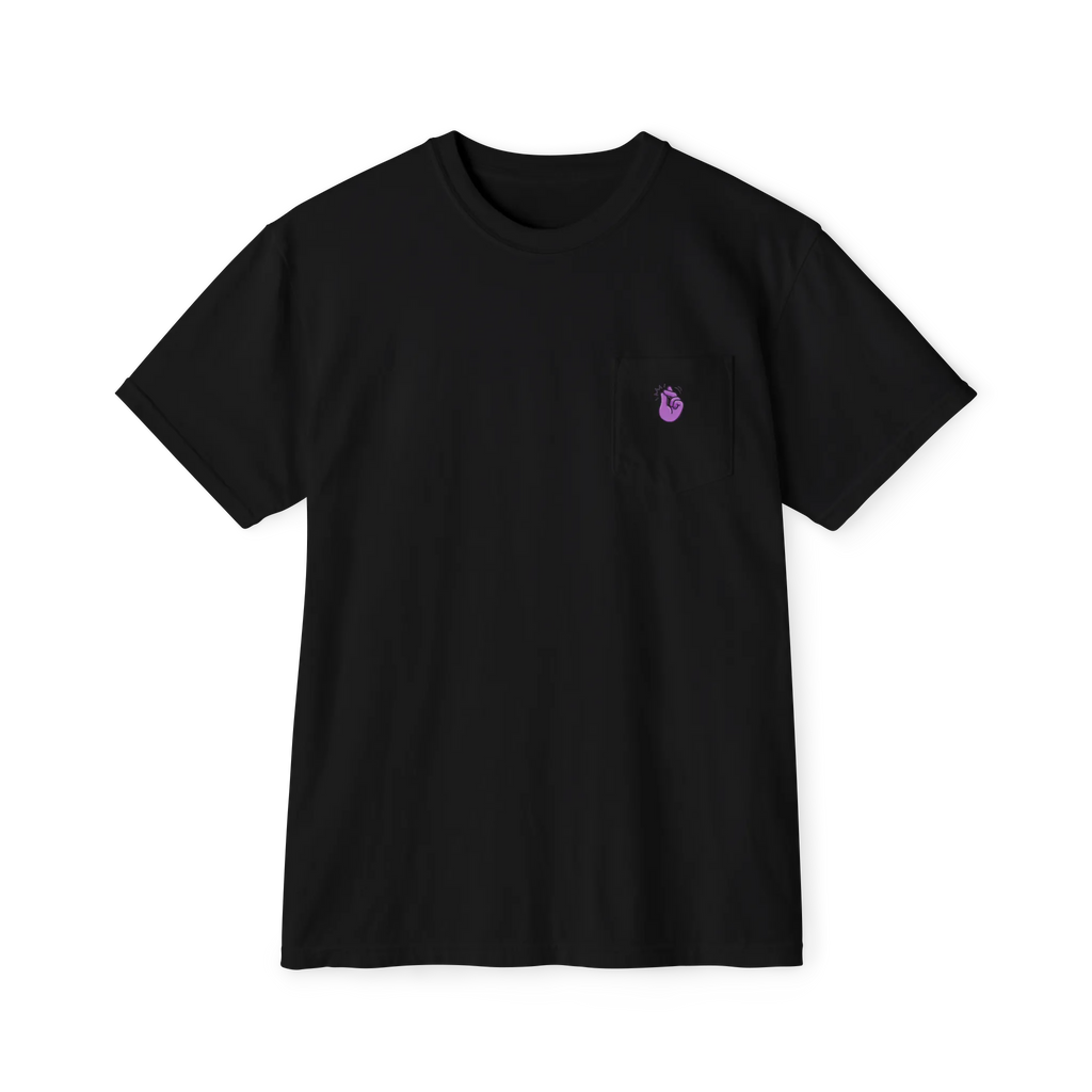 A front preview of the black clock it pocket t-shirt with a purple Clock It Motif on front left chest pocket.
