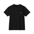 A front preview of the black clock it pocket t-shirt with a purple Clock It Motif on front left chest pocket.