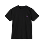 A front preview of the black clock it pocket t-shirt with a purple Clock It Motif on front left chest pocket.