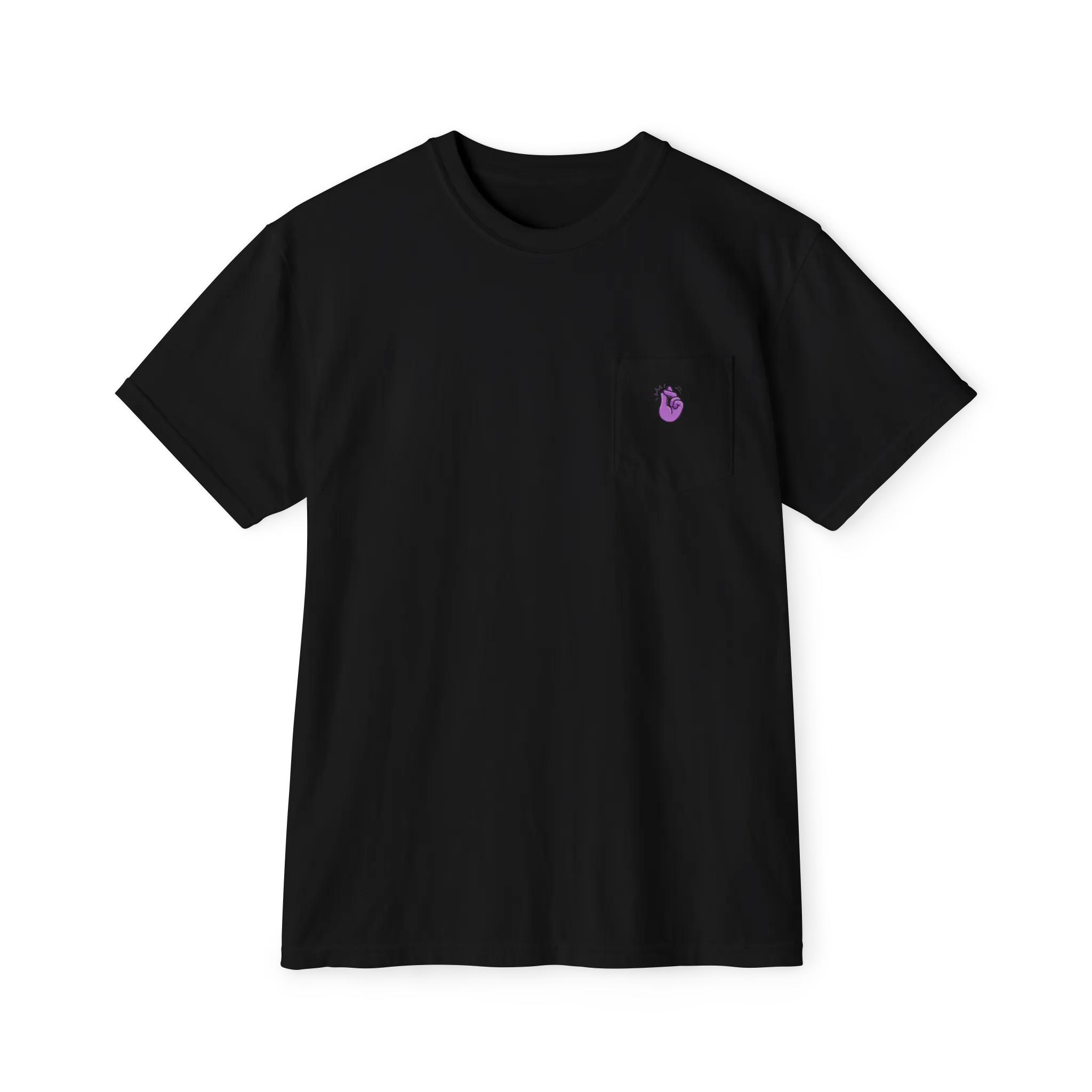 A front preview of the black clock it pocket t-shirt with a purple 'Clock It' Motif on front left chest pocket.