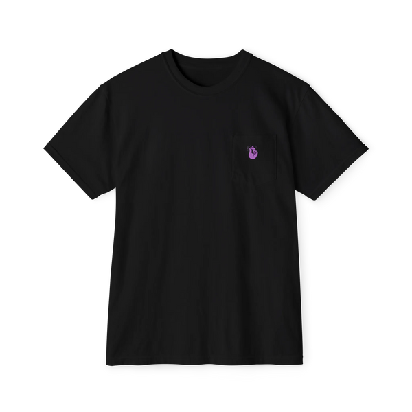 A front preview of the black clock it pocket t-shirt with a purple Clock It Motif on front left chest pocket.