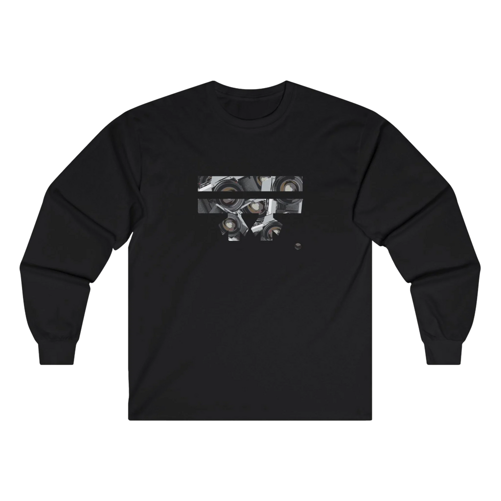 Black Retro Camera FREEBRD logo long sleeve tee, retro camera lens collage, crew neck, front view.