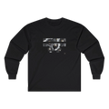 Black Retro Camera FREEBRD logo long sleeve tee, retro camera lens collage, crew neck, front view.