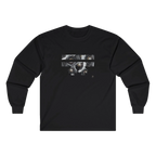 Black Retro Camera FREEBRD logo long sleeve tee, retro camera lens collage, crew neck, front view.